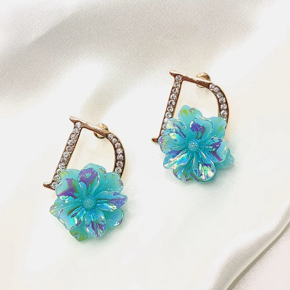 Iridescent Icy Blue Initial D Stud Earrings Aqua flower Earrings Diamond Studded